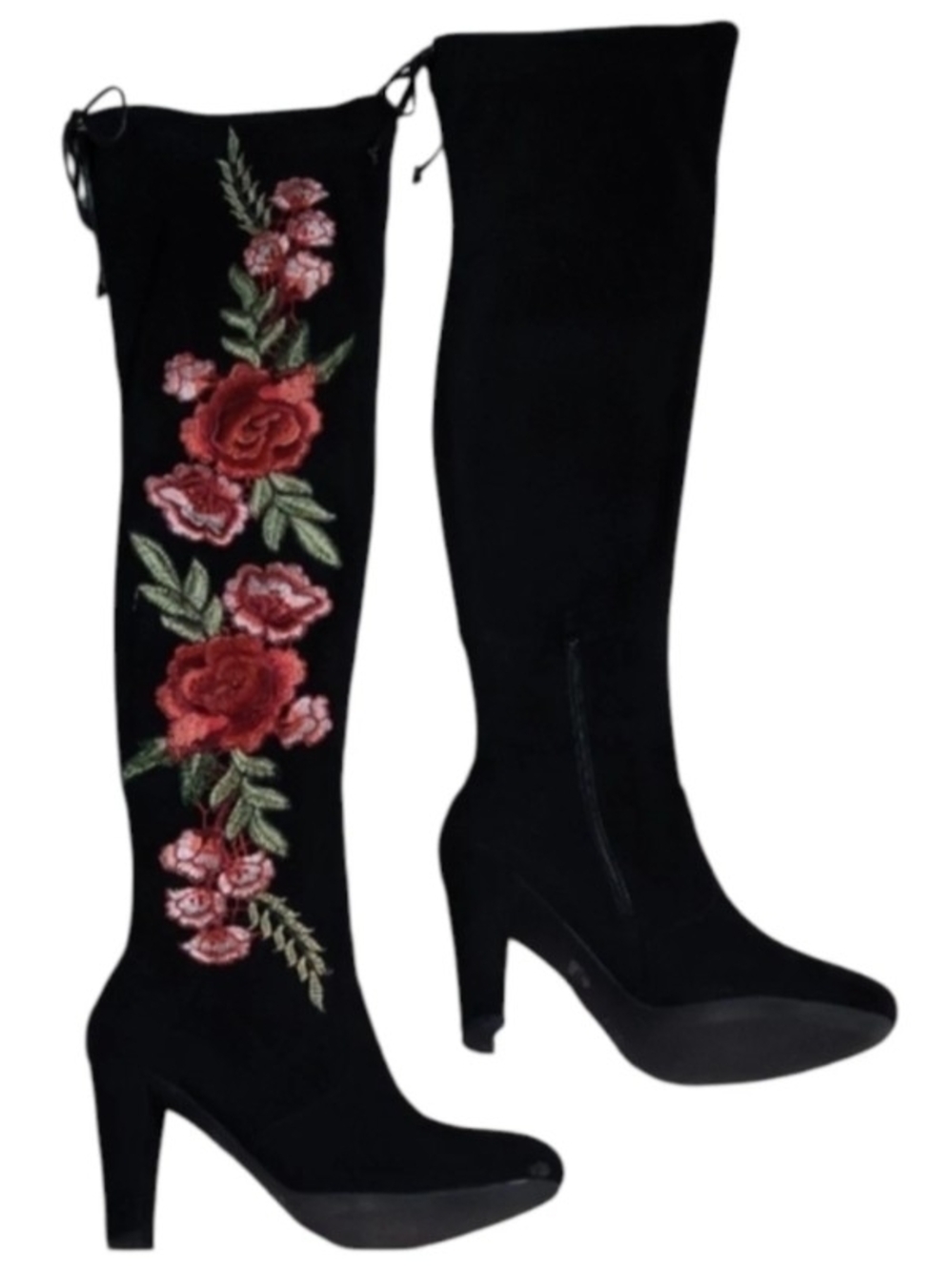 Women’s Black Black Over-the-Knee Boots with Red Rose Embroidery